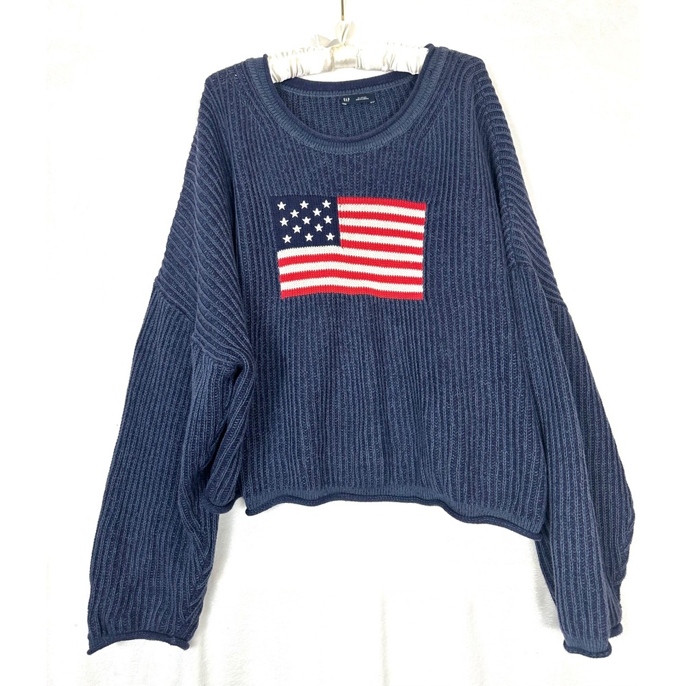 GAP Sweater Womens XL Blue American Flag Oversized Cropped Rollneck Fisherman